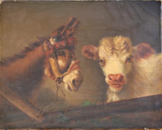 Attributed to William Weekes (1856-1904) Donkey and calf in a stable 9 x 11.25in., unframed